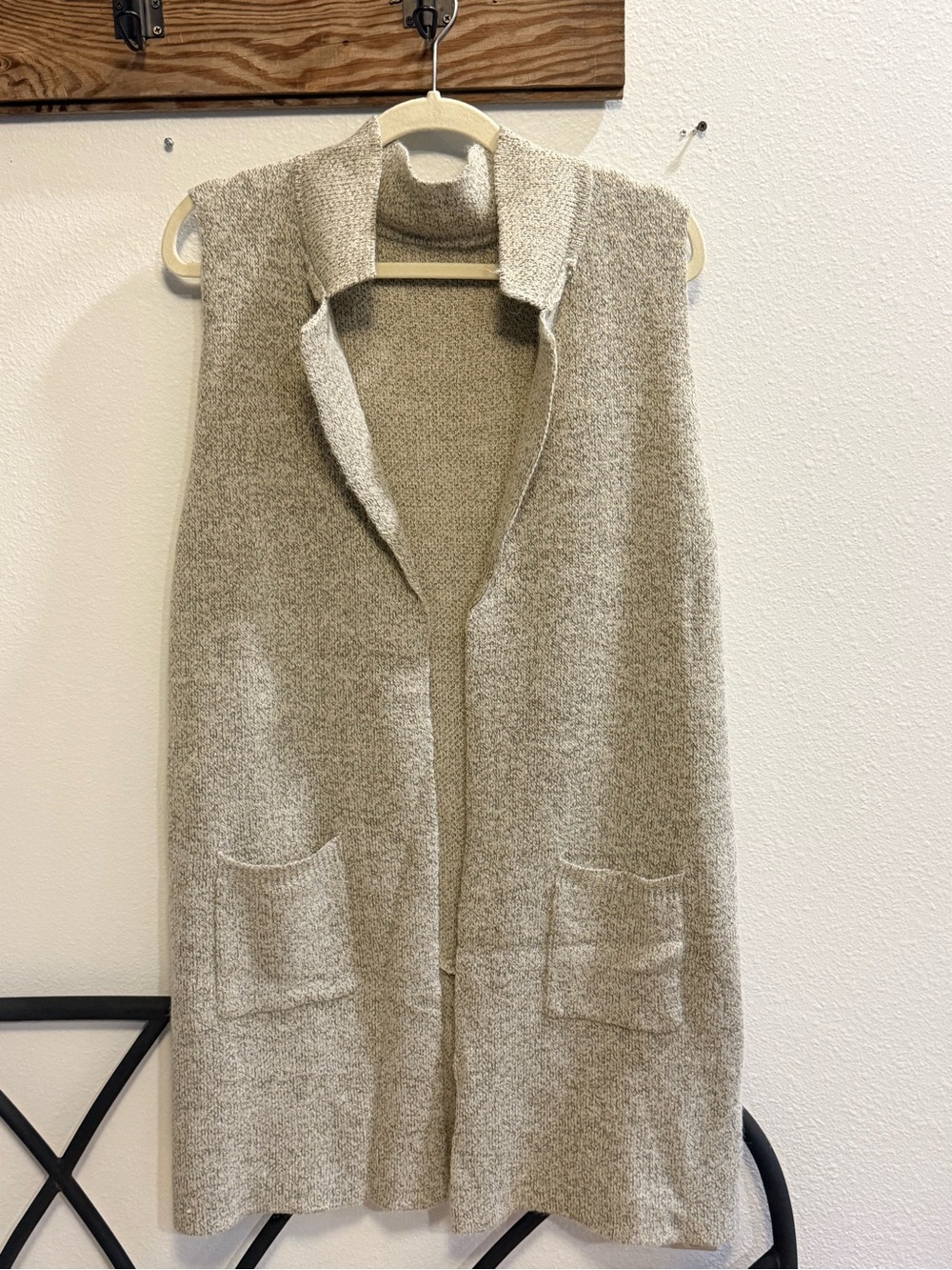 Sleeveless Open-Front Knit Vest in Light Taupe